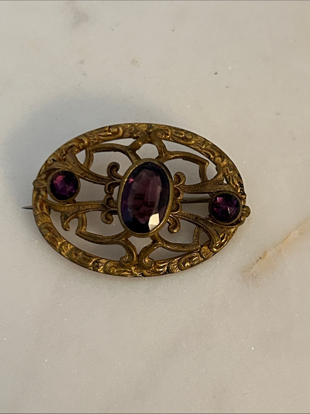 Antique Victorian Brass Filigree Pin with Amethyst Glass Stones